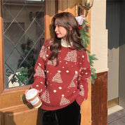 Snowy Eve | Red Tree Jacquard Christmas Sweater For Women