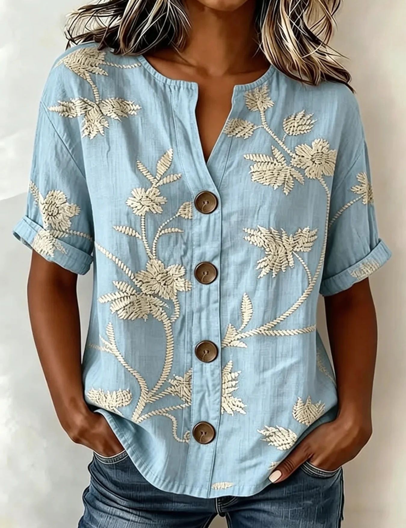 Antonella Marchese | Embroidered Floral Button-Up Blouse For Women