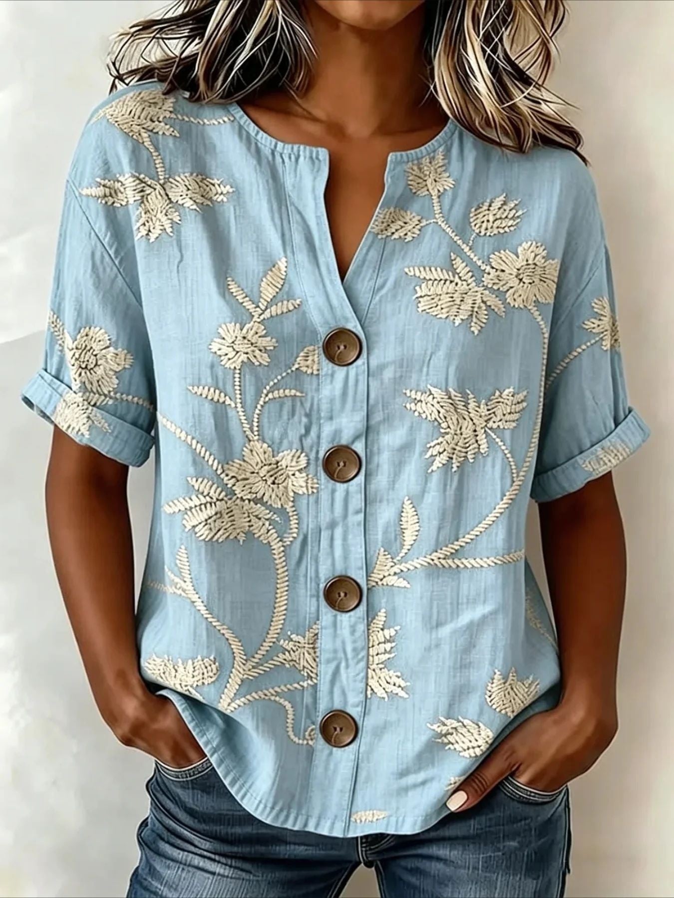 Antonella Marchese | Embroidered Floral Button-Up Blouse For Women