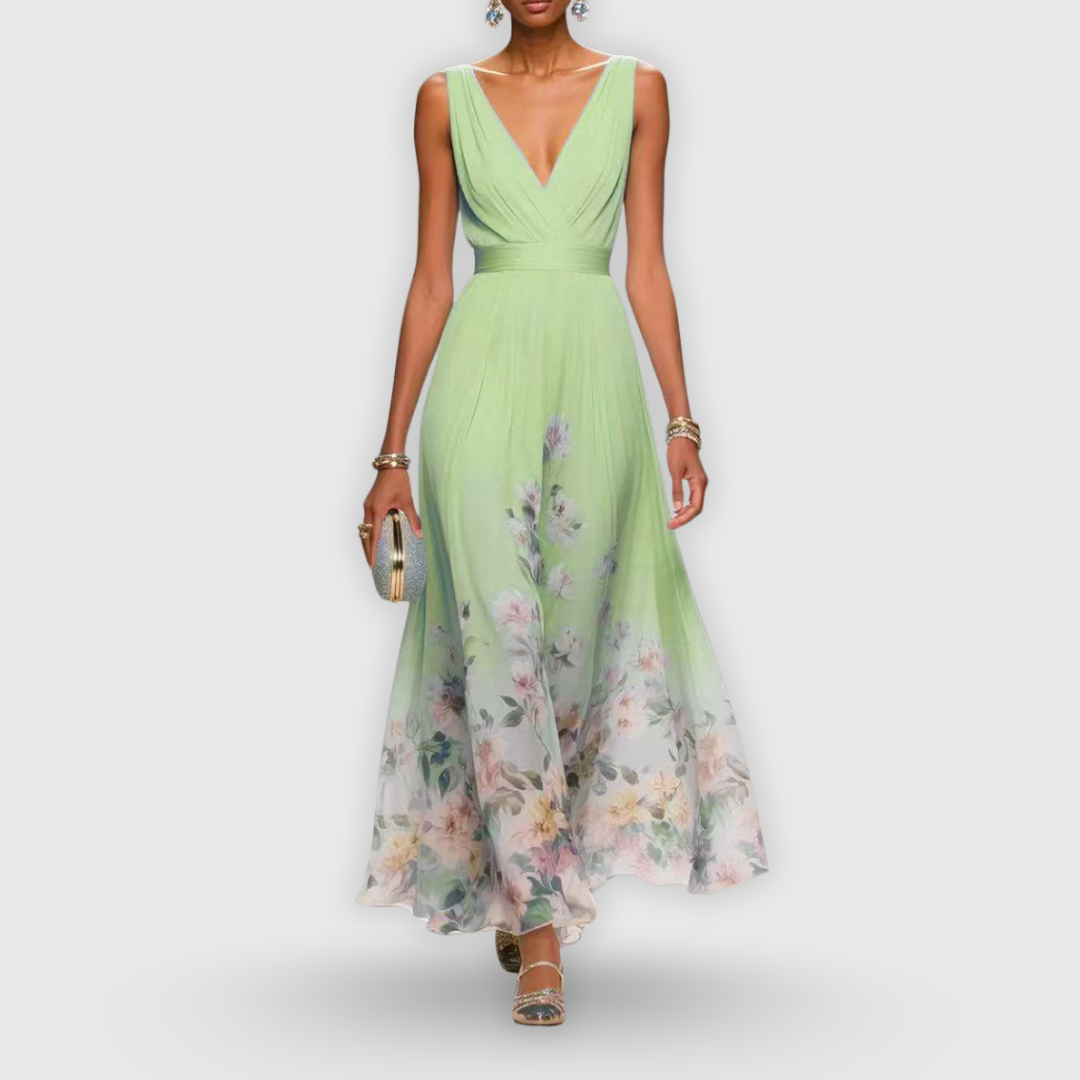 Claudette Fairvaux | Blue Floral Maxi Dress with V-Neckline