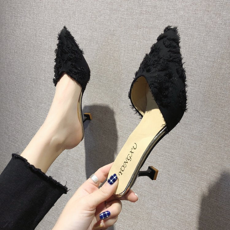 Kinsley Malwell | Fluffy Pointed Toe Mule Heels For Women