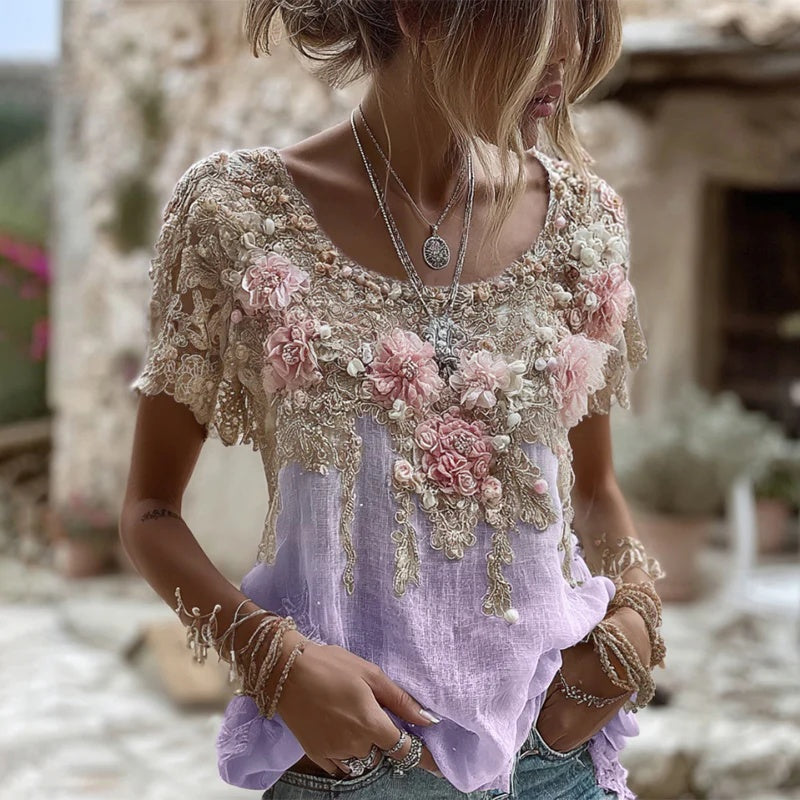 Adriana Castellano | Embroidered Floral Round Neck Top For Women