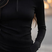 Ines Chatelain | Ribbed Knit Zip Turtleneck Top For Women