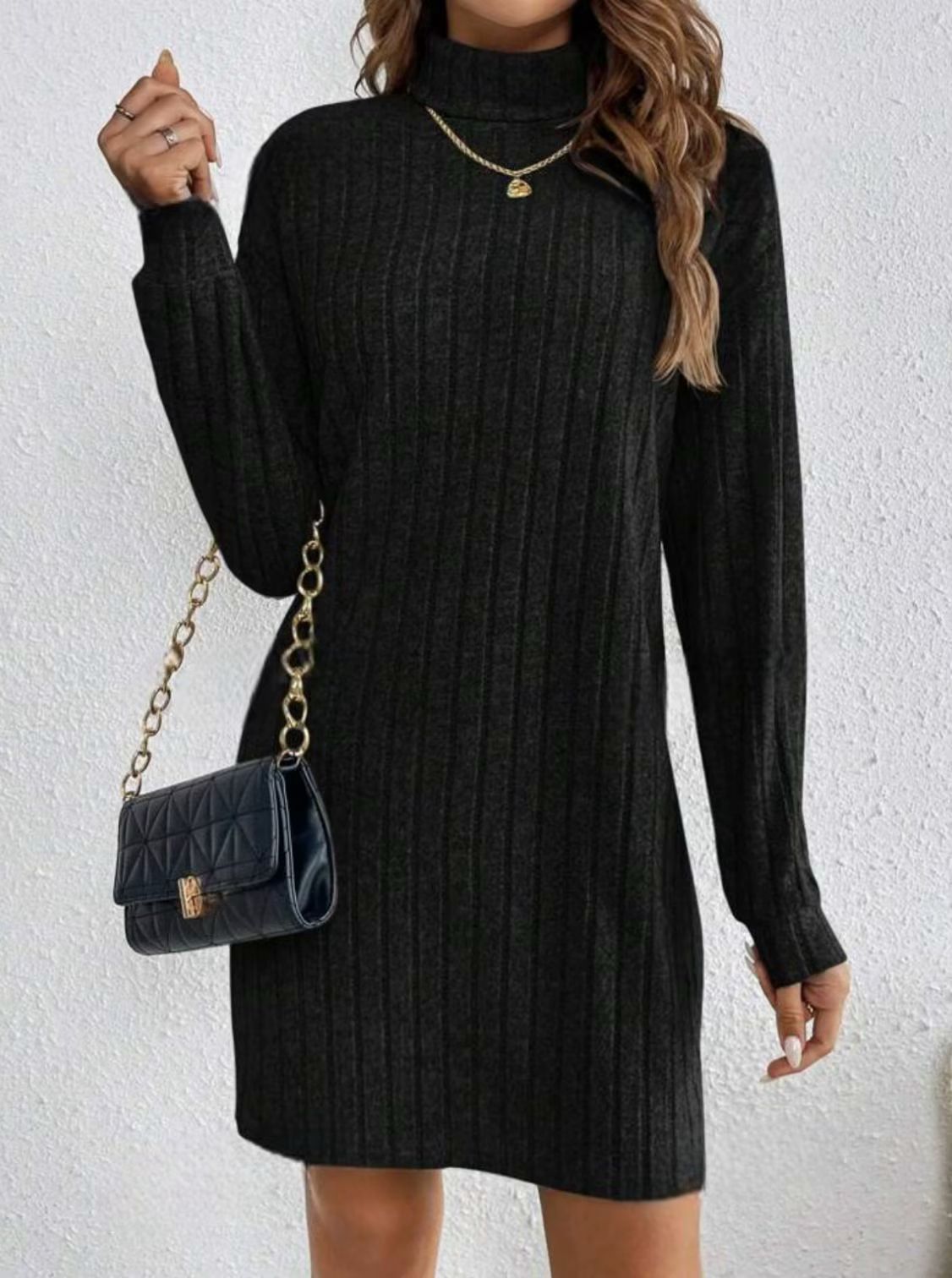 Odalys Ferraro | Ribbed Turtleneck Sweater Mini Dress For Women