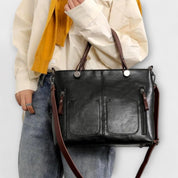 Genevieve Stourcourt | Brown Faux Leather Tote Bag with Front Pockets