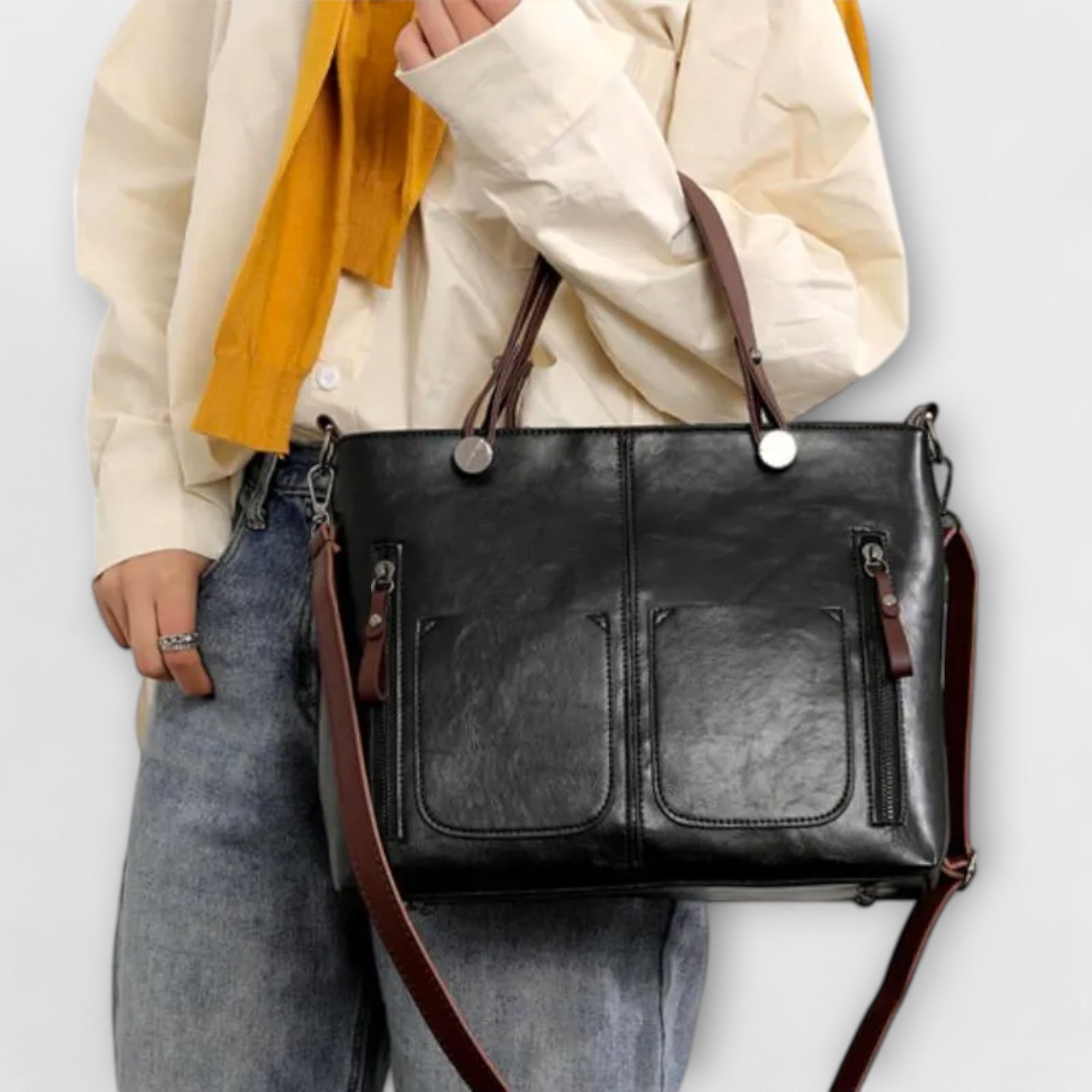 Genevieve Stourcourt | Brown Faux Leather Tote Bag with Front Pockets