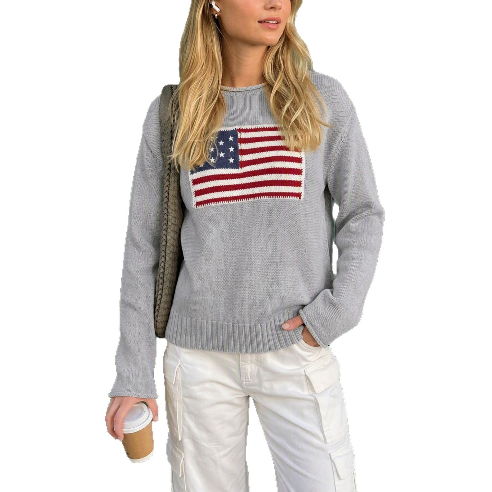 Valentina Fairchild | Cream Knit Veterans Day Sweater With Flag Patch For Women
