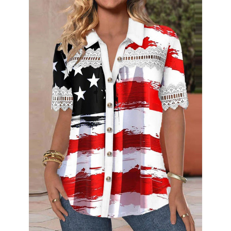 Renata Clearfield | American Flag Print Button-Down Shirt For Women