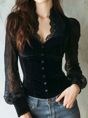 Renata Cavallieri | Velvet Corset Blouse With Sheer Lace Sleeves