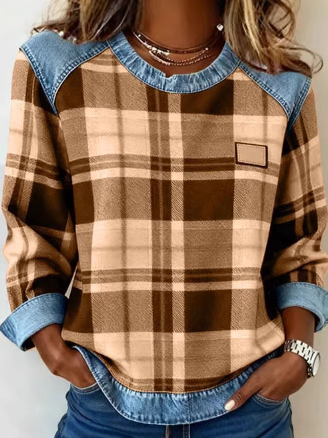 Jessie Belwell | Plaid Denim-Look Patchwork Sweatshirt For Women