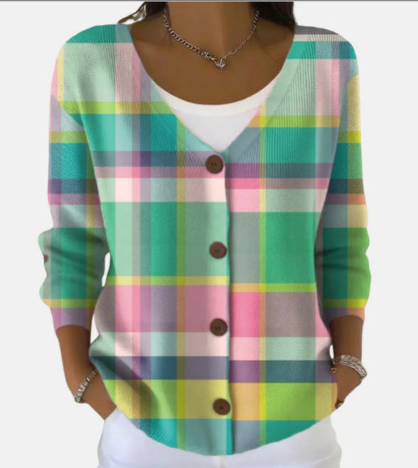 Elara Bloomfield | Printed Button-Up Knit Cardigan For Women