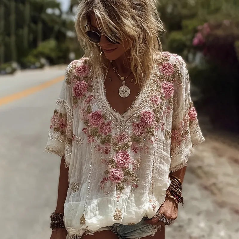 Giselle Marchetti | Floral Embroidered Boho Blouse For Women