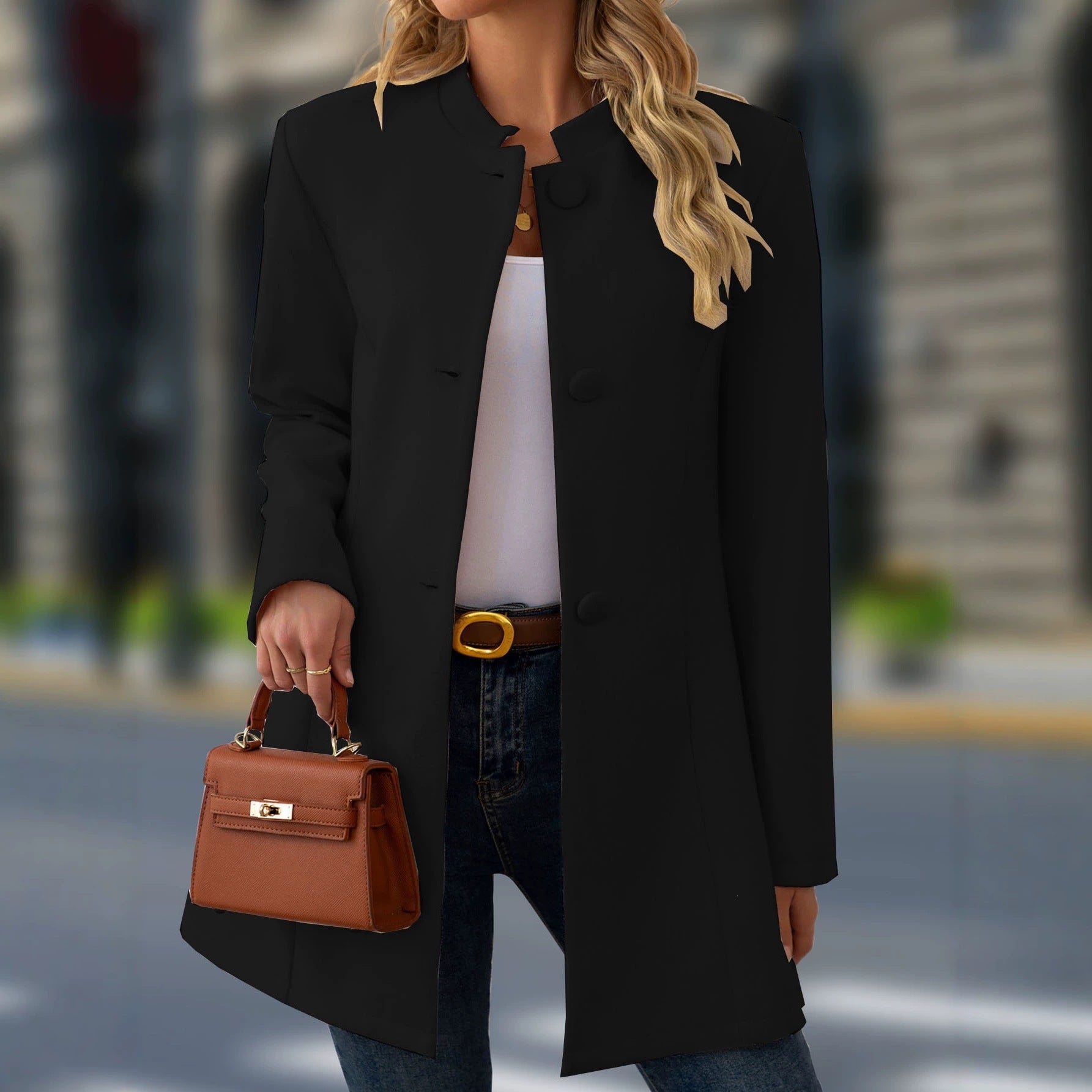 Valencia Morley | Mid-Length Stand Collar Wool-Look Coat For Women