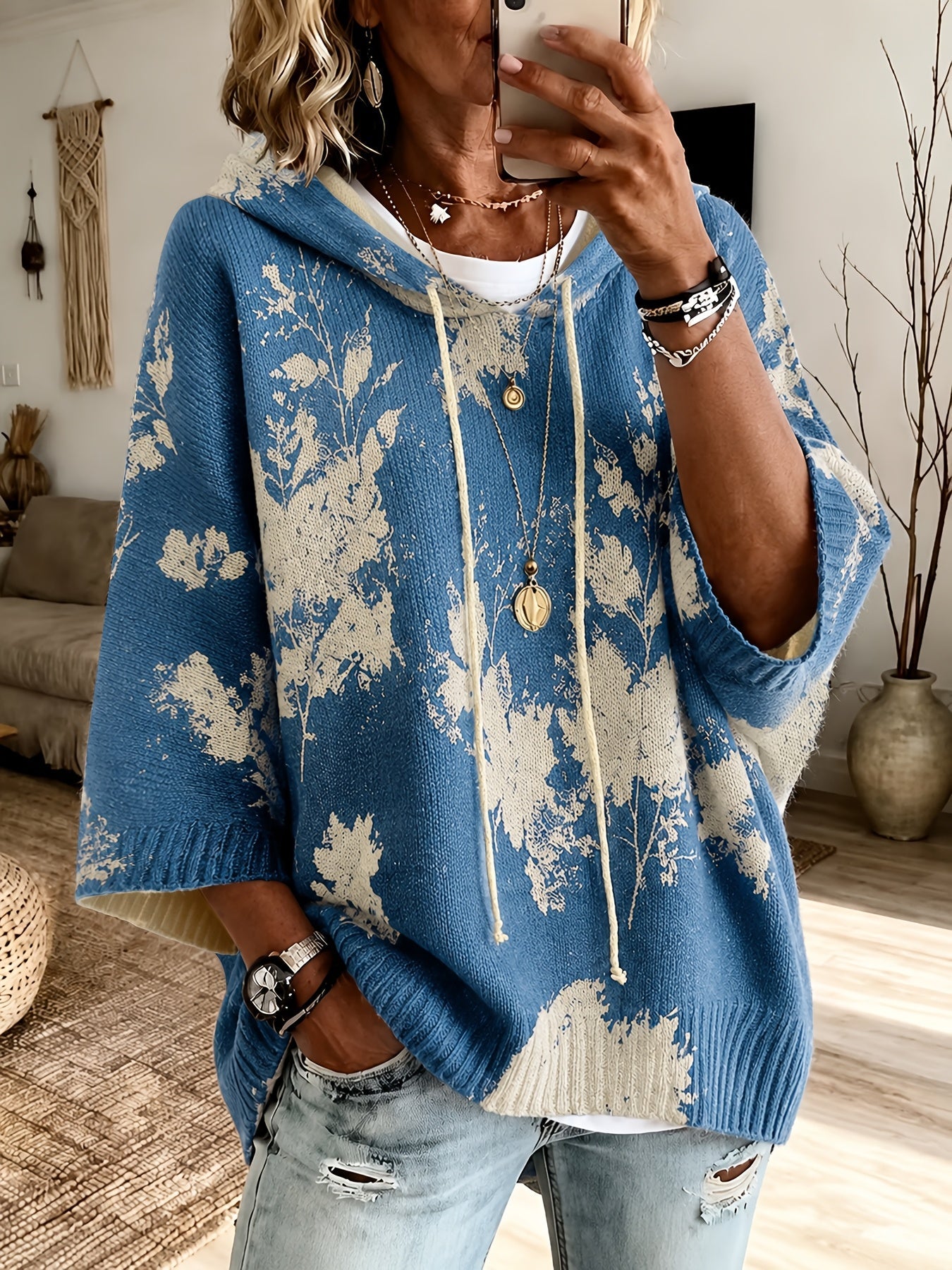 Isadora Beaulieu | Floral Hooded Cape Sweater For Women