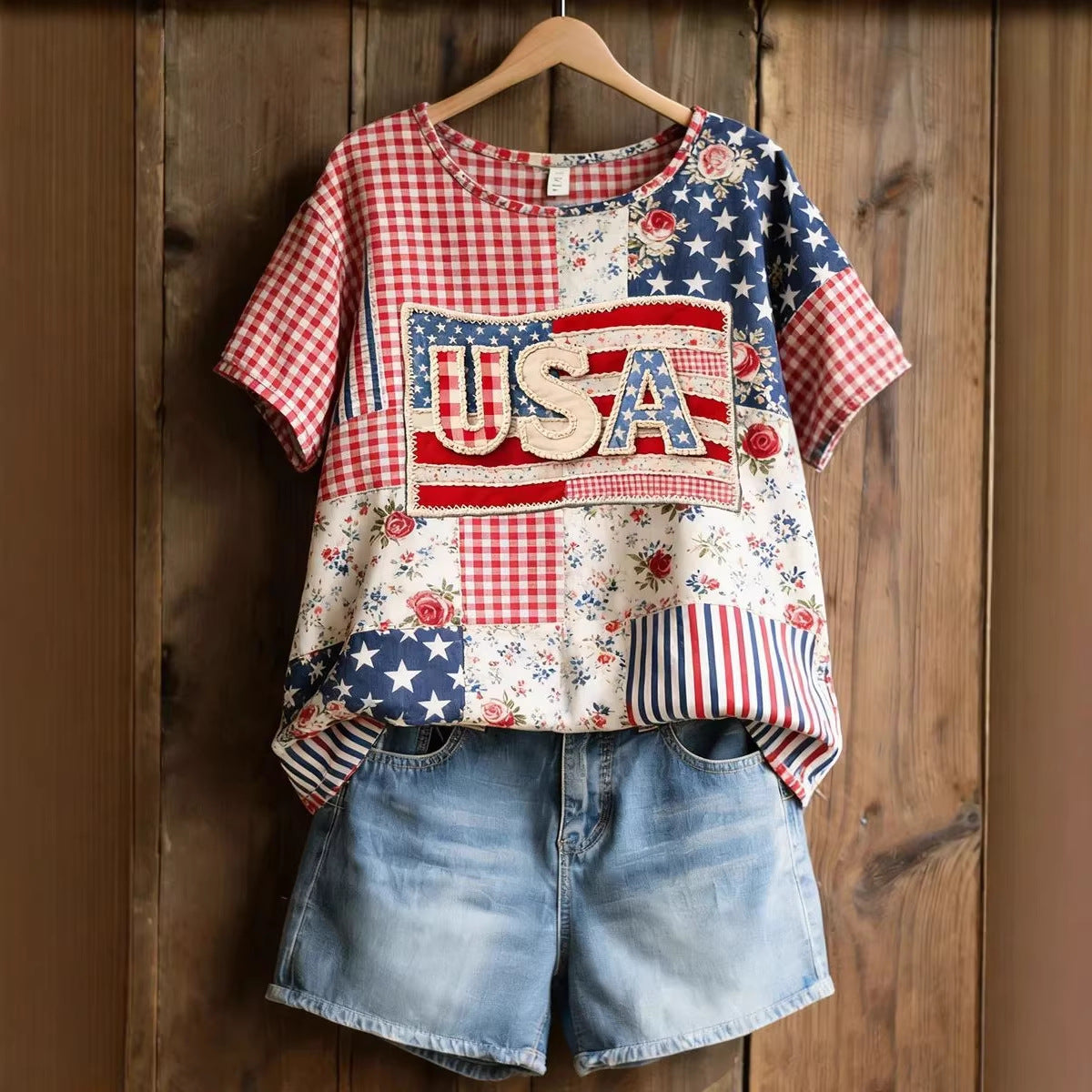 Brielle Davenport | Patchwork Patriotic Short Sleeve Top For Women