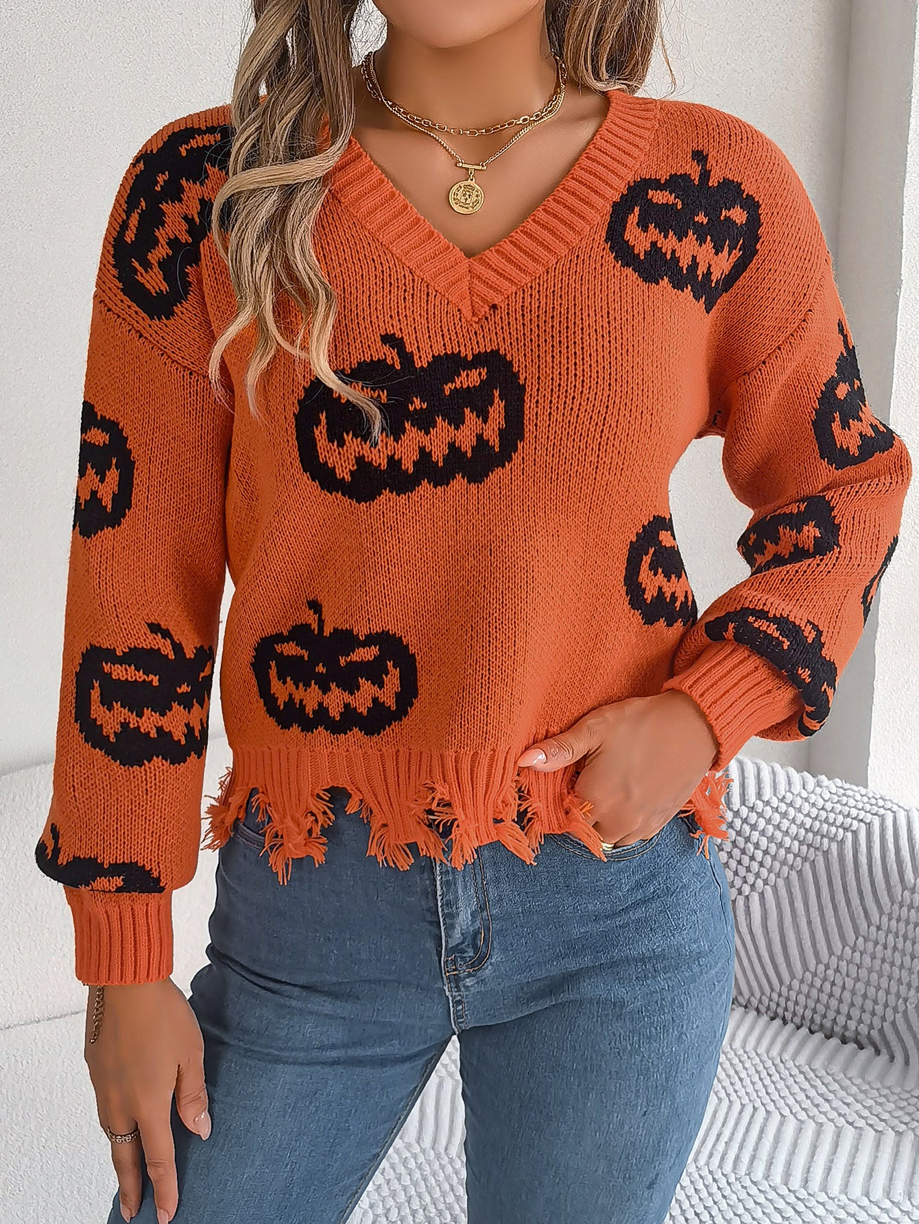 Marina Castellucci | Pumpkin Print Distressed Sweater For Women