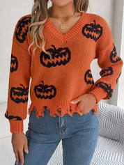 Marina Castellucci | Pumpkin Print Distressed Sweater For Women