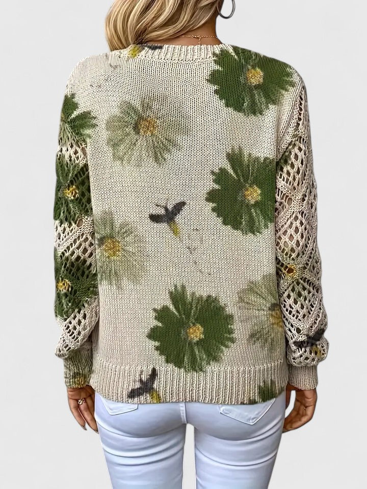 Rosalinde Fonteclair | Floral Knit V-Neck Sweater with Lace Sleeves
