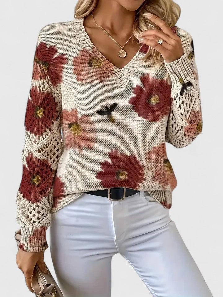 Rosalinde Fonteclair | Floral Knit V-Neck Sweater with Lace Sleeves