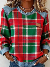 Jessie Belwell | Plaid Denim-Look Patchwork Sweatshirt For Women