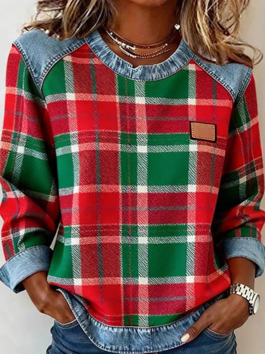 Jessie Belwell | Plaid Denim-Look Patchwork Sweatshirt For Women