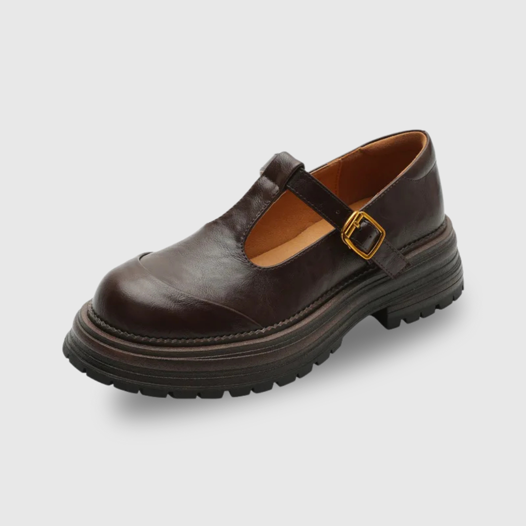 Clémence Fairweather | Brown T-Bar Mary Jane Shoes with Brogue Detail