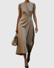 Aurelianne Fontcrest | Rust Brown Sleeveless Midi Dress with Waist Sash