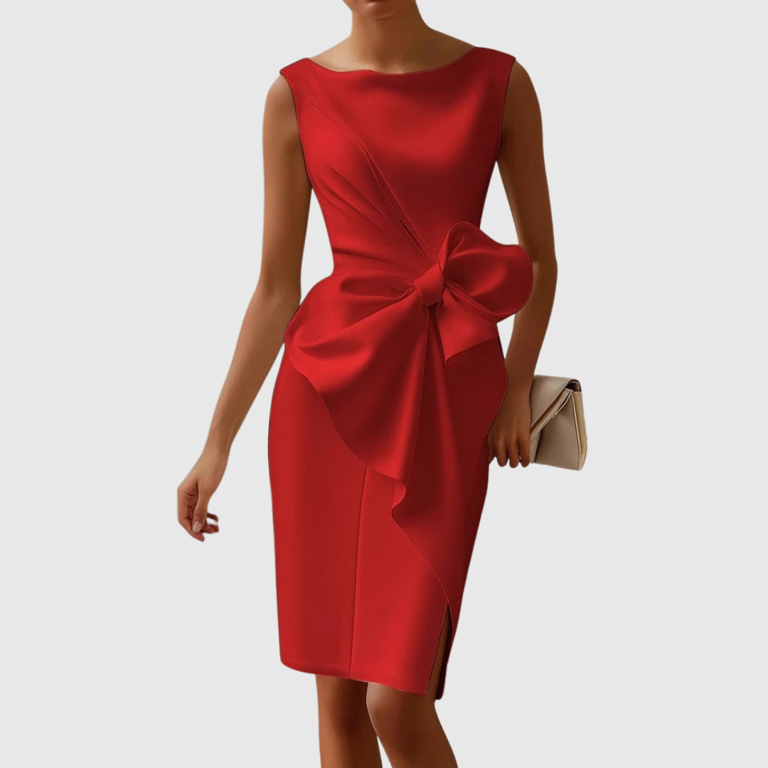 Céleste Wyndborne | Black Sleeveless Boat Neck Midi Dress with Bow