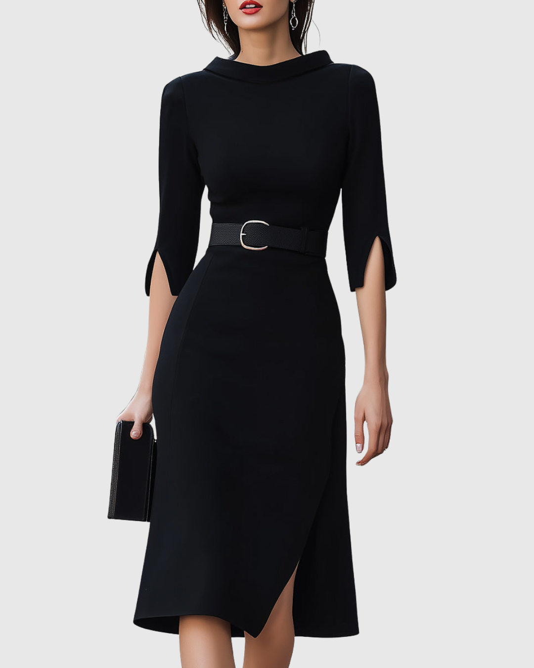 Theodora Blackwell | Classic Black Belted Midi Dress