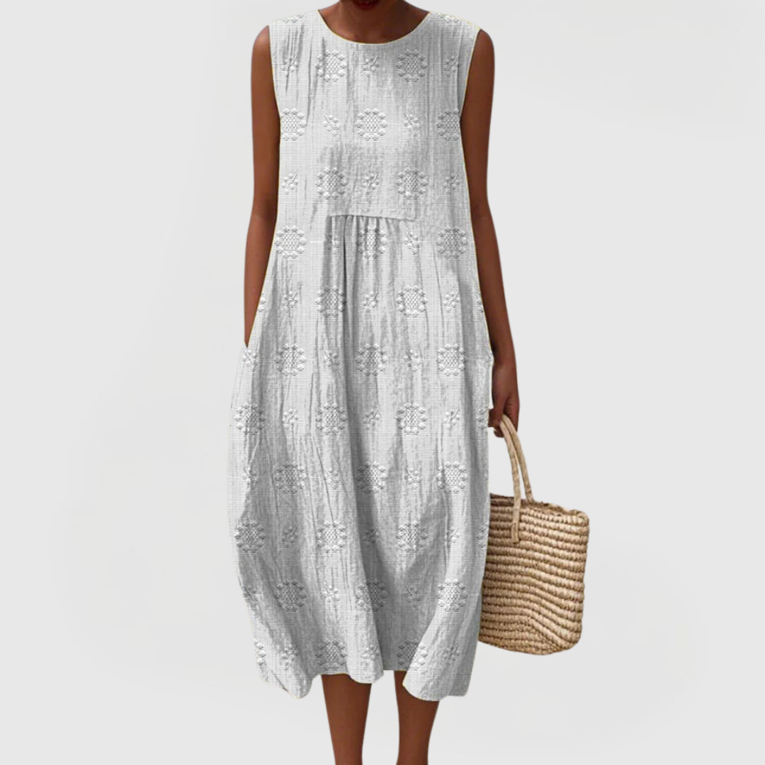 Mirabel Fontaineaux | Green Embroidered Sleeveless Midi Dress with Pockets