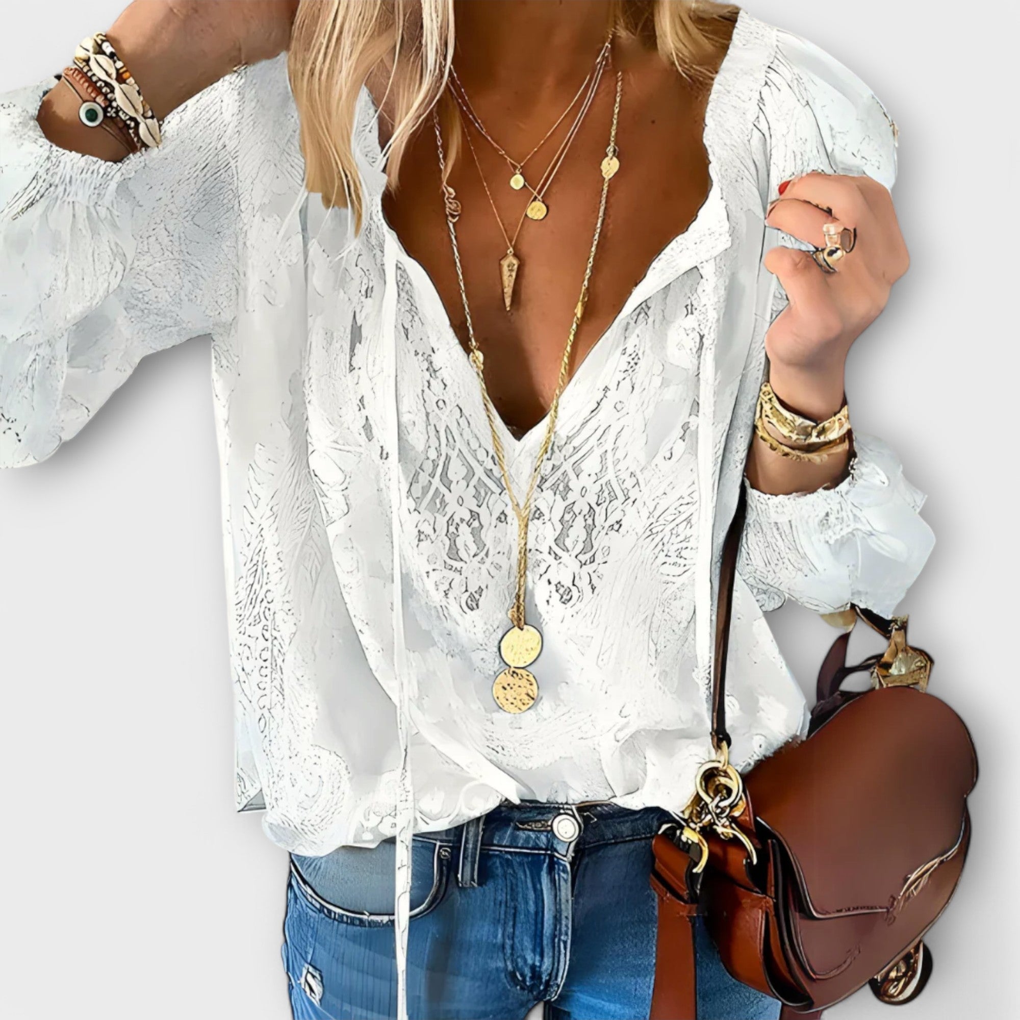 Théodeline Ashgrove | White Lace V-Neck Blouse with Flared Sleeves