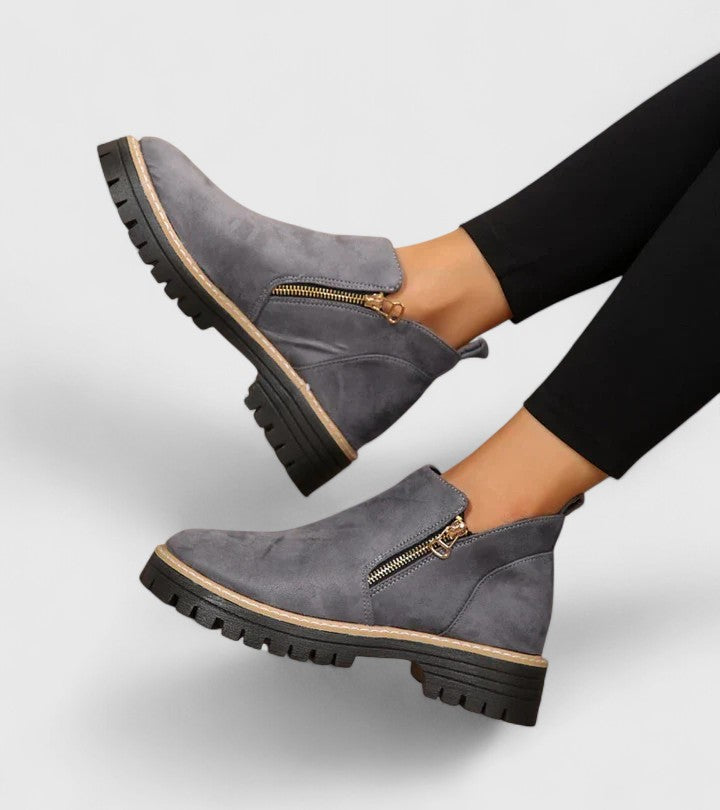 Lysandra Beauvois | Black Suede Ankle Boots with Gold Zip