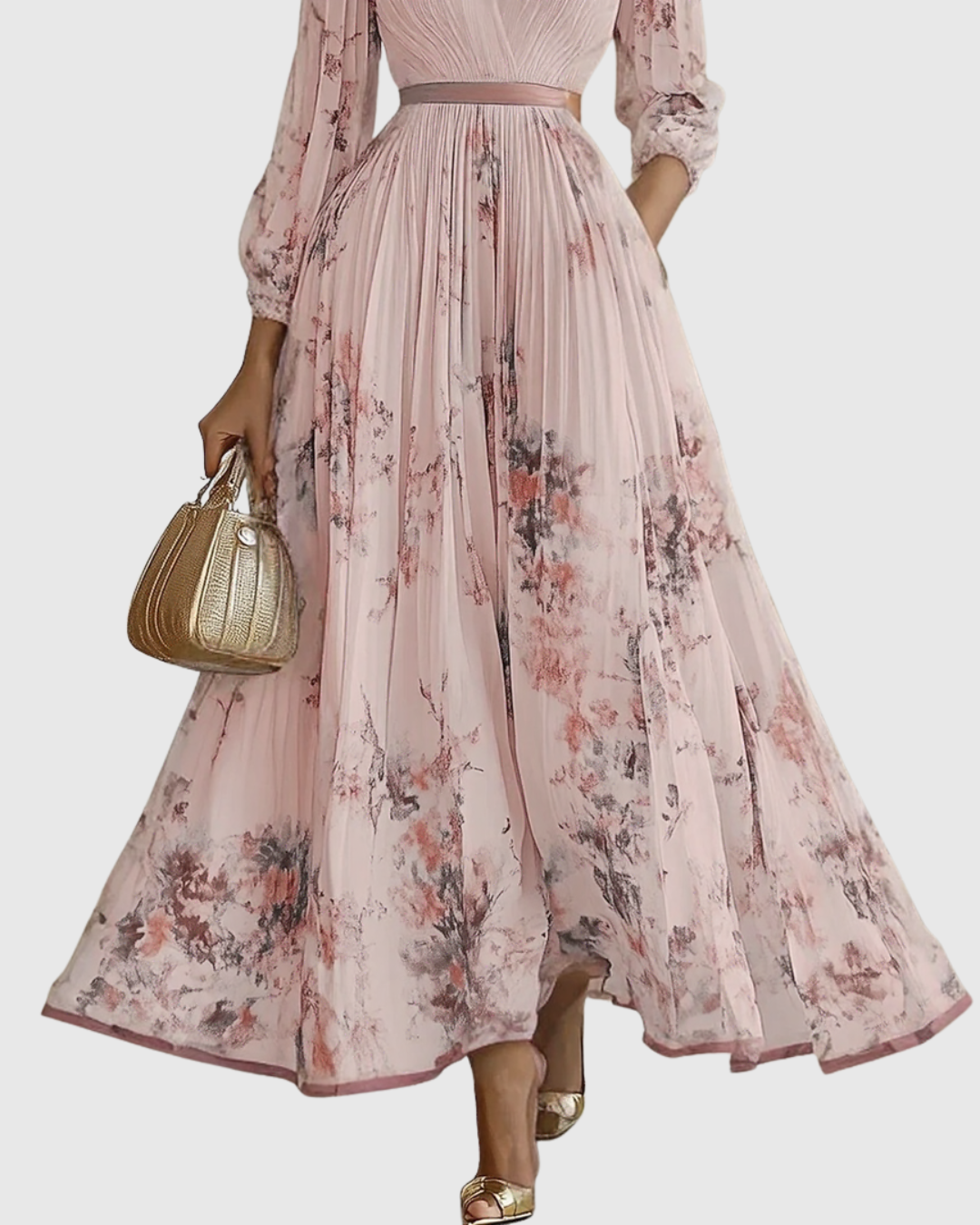 Lucienne Hartwell | Floral Pleated Midi Dress with V-Neck