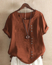 Céleste Dunvaux | Pink Linen Button Front Crew Neck Short Sleeve Top