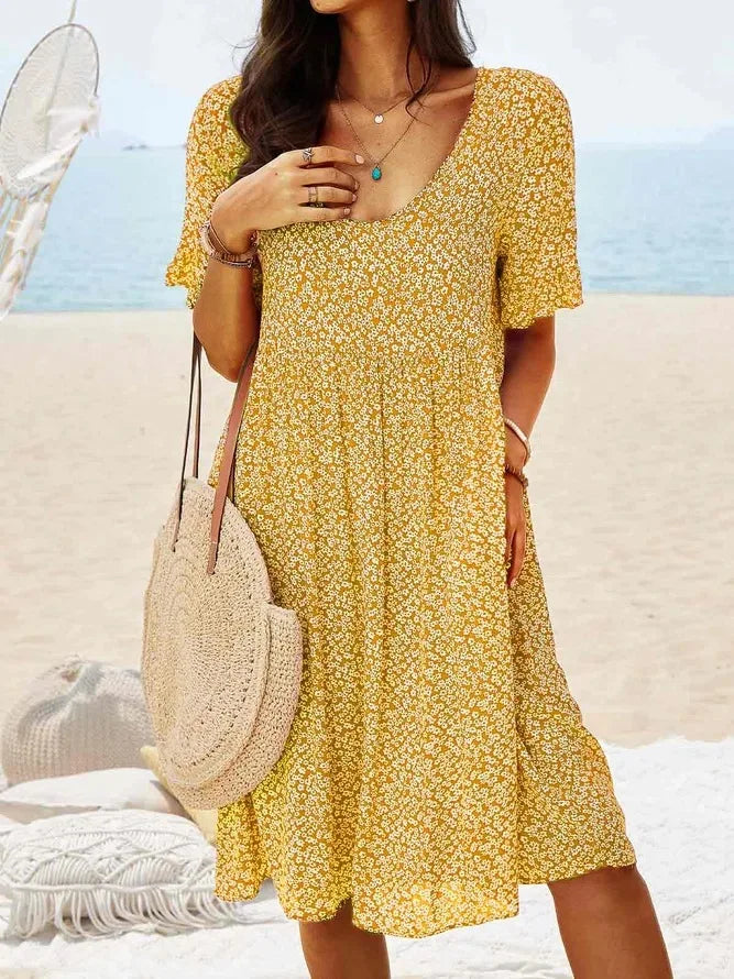 Fleurette Dawnvale | Blue Ditsy Floral V-Neck Smock Midi Dress