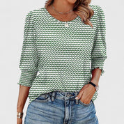 Francine Bellvaux | White Smocked Cuff 3/4 Sleeve Crew Neck Top