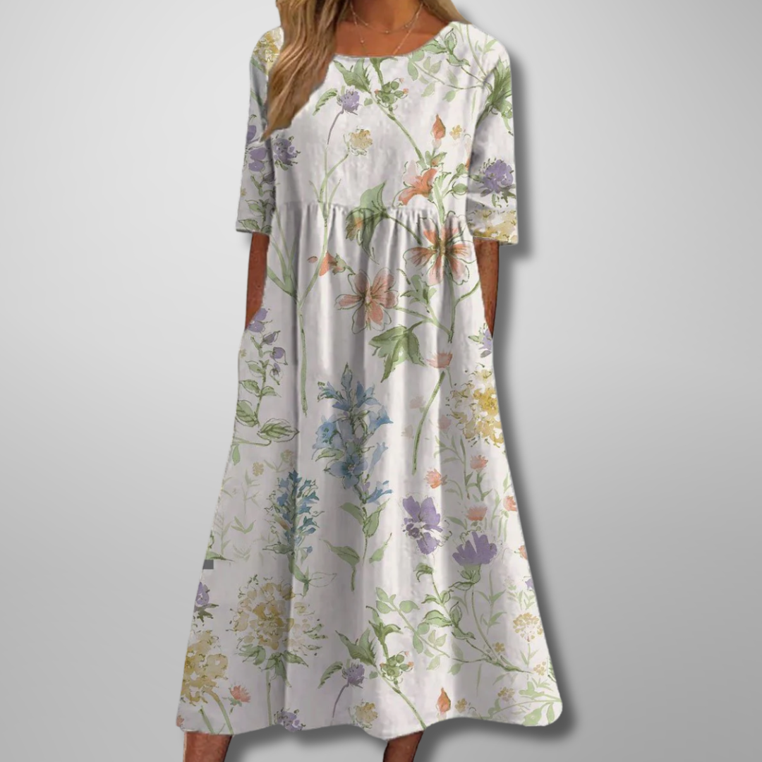 Corinthia Delvaux | Blue Floral Midi Dress with 3/4 Sleeves