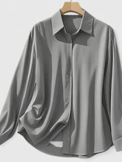 Vivienne Hartwell | Navy Blue Satin Long-Sleeve Button-Down Shirt