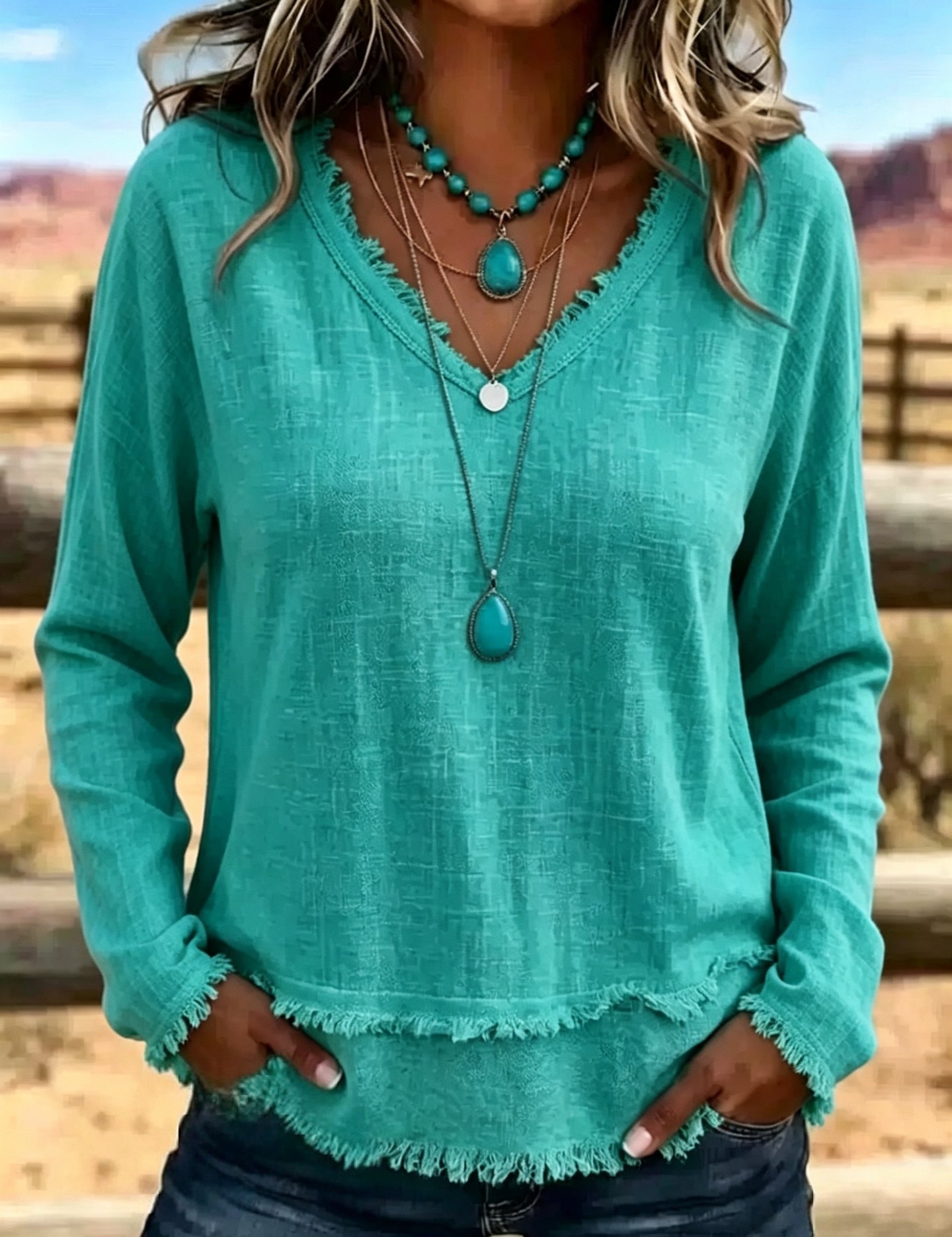 Isabelle Rousseau | Frayed V-Neck Long Sleeve Top For Women