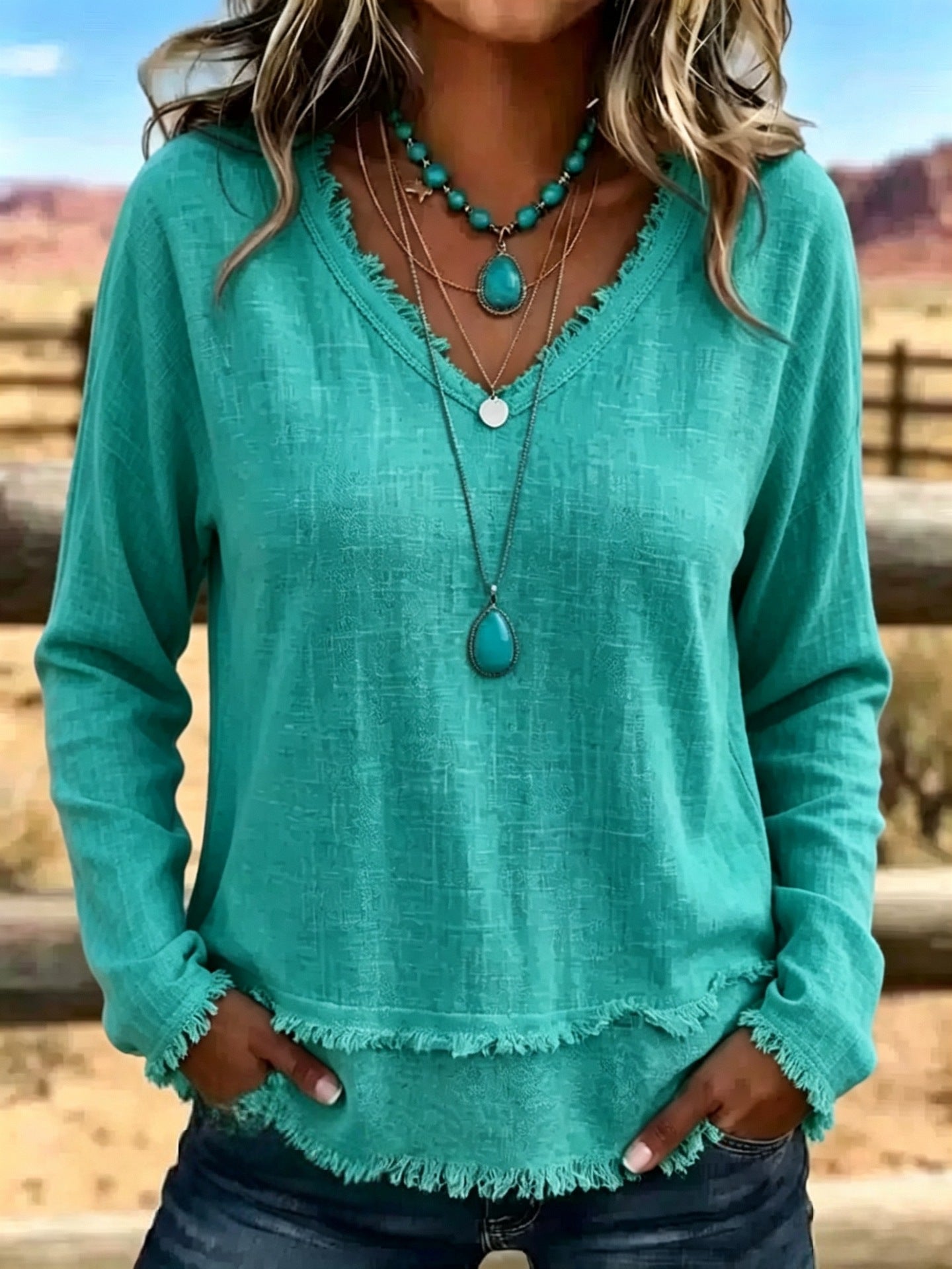 Isabelle Rousseau | Frayed V-Neck Long Sleeve Top For Women