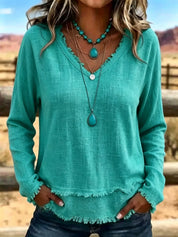Isabelle Rousseau | Frayed V-Neck Long Sleeve Top For Women