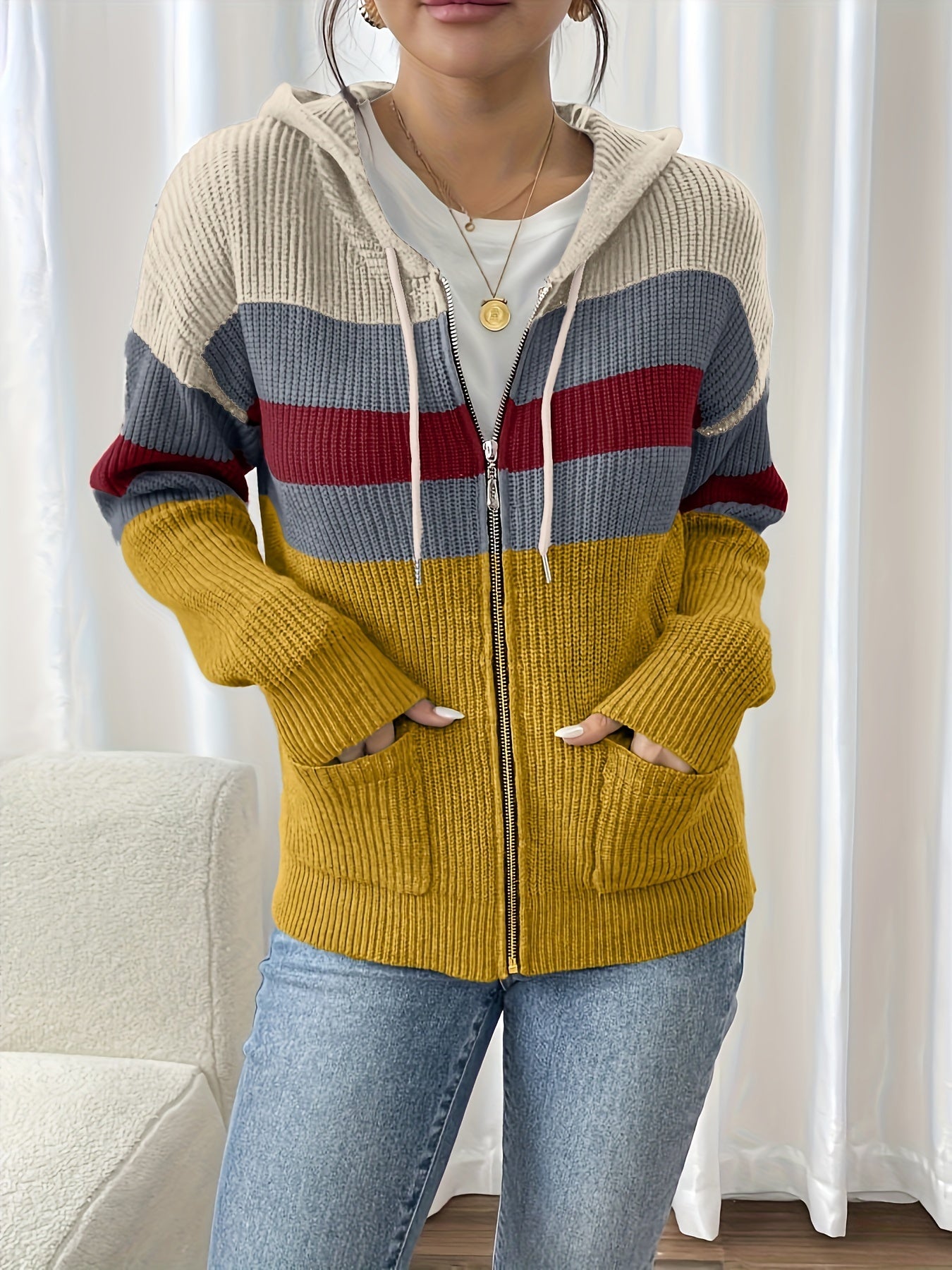 Harriet Devon | Colour-Block Zip Hoodie With Ribbed Knit For Women