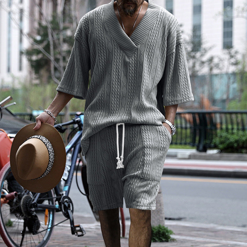 Tanner Ironwood | White Cable Knit T-Shirt & Shorts Set For Men