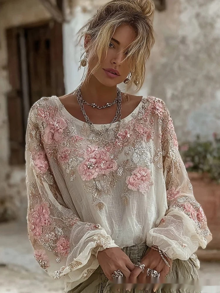 Aurora Delvigne | Rose-Embroidered Bohemian Blouse For Women