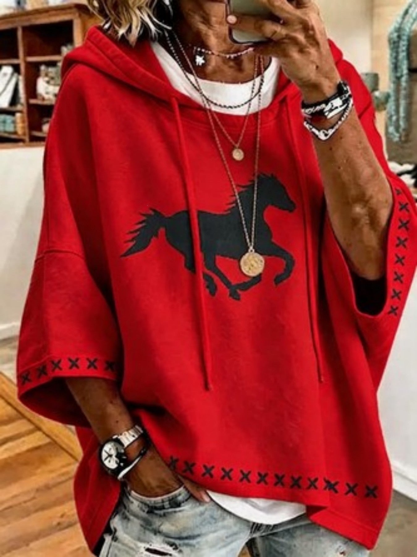 Waverly Fontcombe | Retro Horse-Print Hooded Cropped-Sleeve Sweatshirt For Women