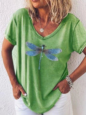 Harriet Ashbourne | Dragonfly Print V-Neck Washed Pink Tee