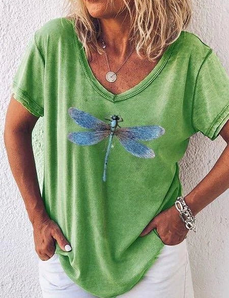 Harriet Ashbourne | Dragonfly Print V-Neck Washed Pink Tee