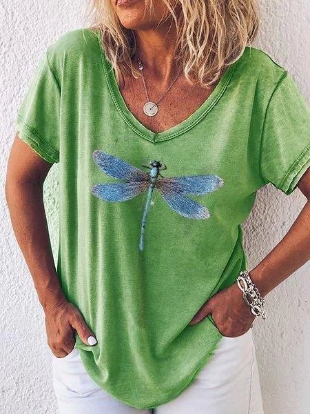Harriet Ashbourne | Dragonfly Print V-Neck Washed Pink Tee