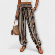 Giselle Tamberlaine | Boho Ethnic Print Smocked Waist Harem Pants
