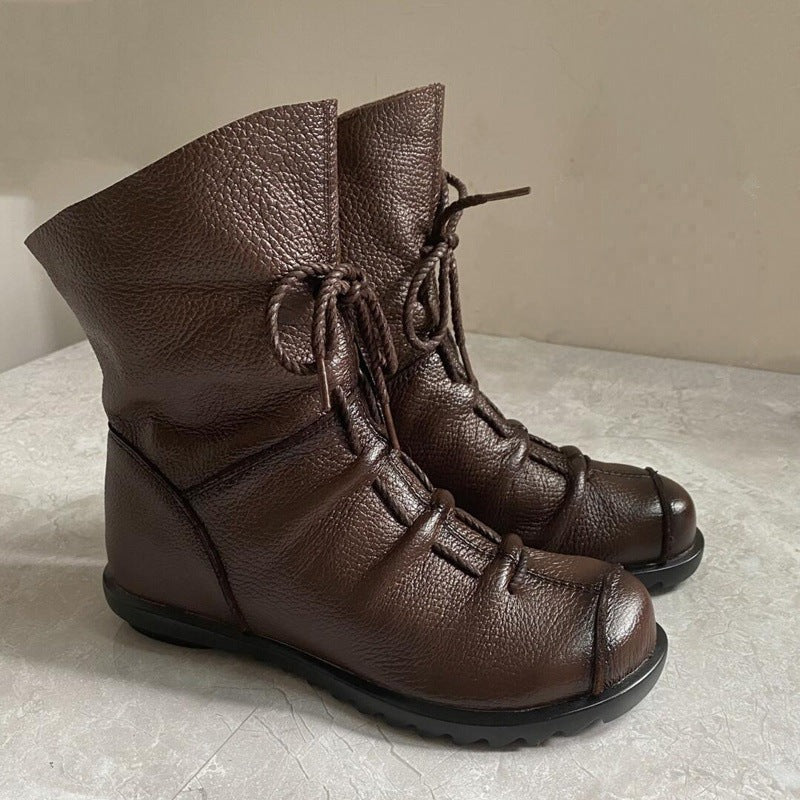 Amara Vecchio | Leather Lace-Up Flat Winter Ankle Boots For Women